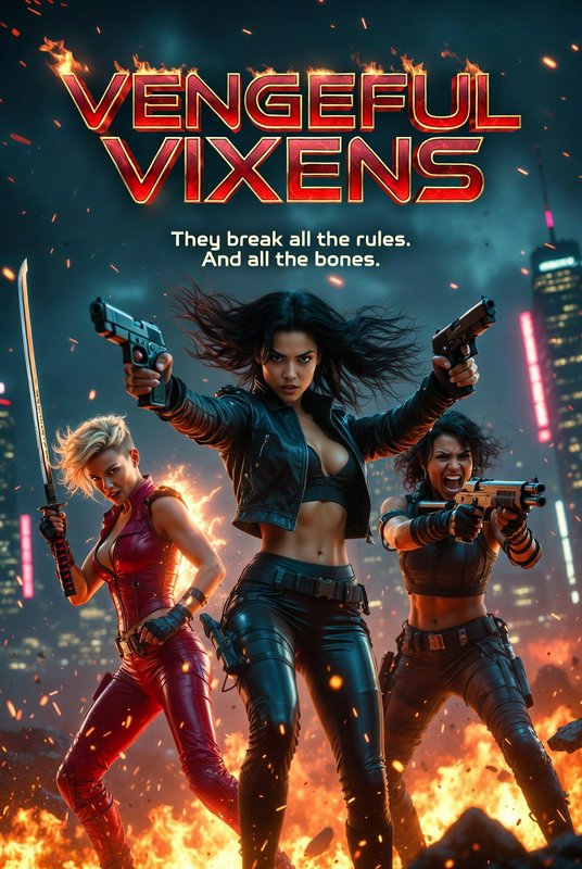 Three fierce women with guns in a fiery neon cityscape, bold Vengeful Vixens poster.