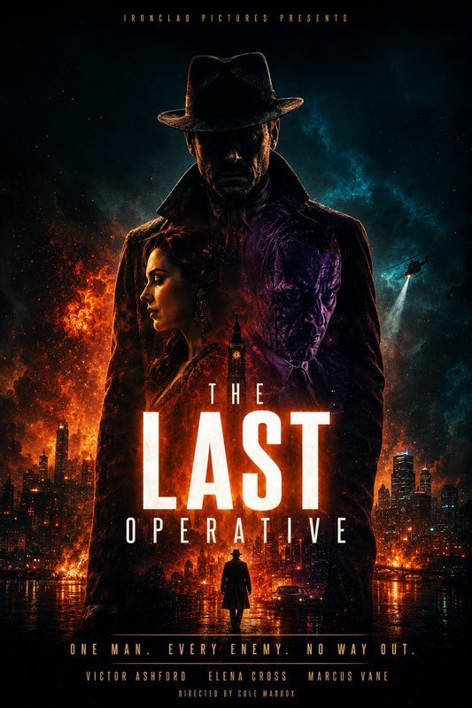 Movie poster for "The Last Operative" featuring a silhouetted man in a hat and a woman, fiery cit...