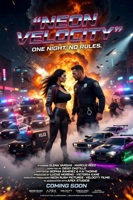 Neon-lit poster featuring a fierce woman and a police officer amid explosions and fast cars.