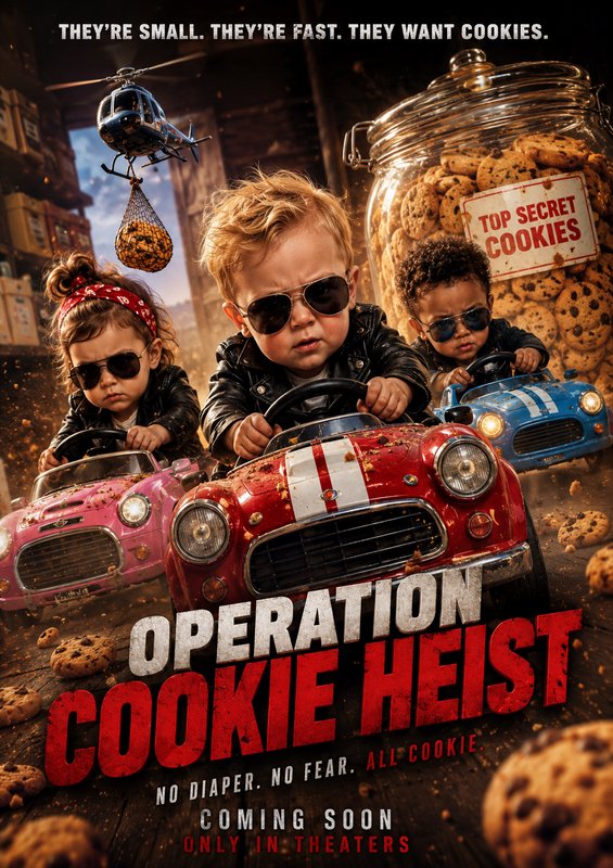 Three kids in vintage toy cars chase cookies from a giant jar in a bold action-adventure poster.