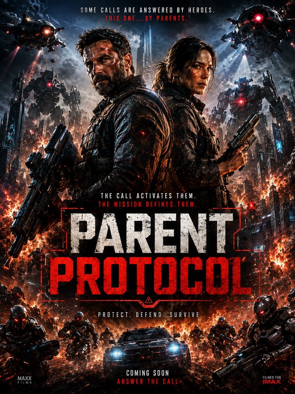 Action-packed sci-fi military poster with two protagonists amid a fiery battlefield and armored d...