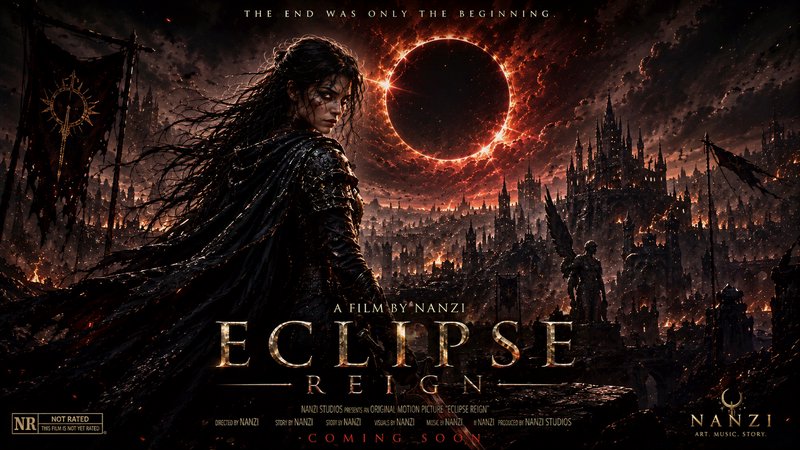 Poster of Eclipse Reign: a dark armored woman stands over a burning city beneath a fiery solar ec...
