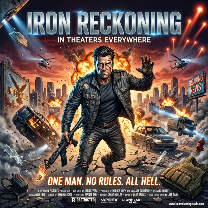 Action-packed movie poster featuring a rugged man in a leather jacket wielding a rifle amid explo...