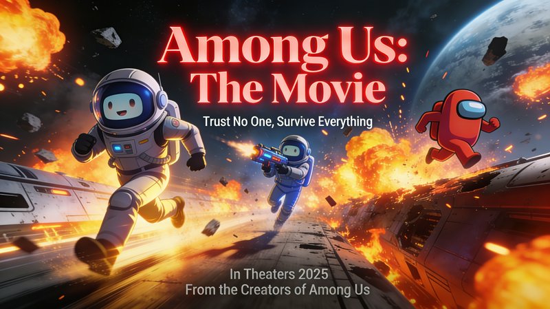 Among Us movie poster featuring colorful crewmates in space suits running on a fiery spaceship ba...