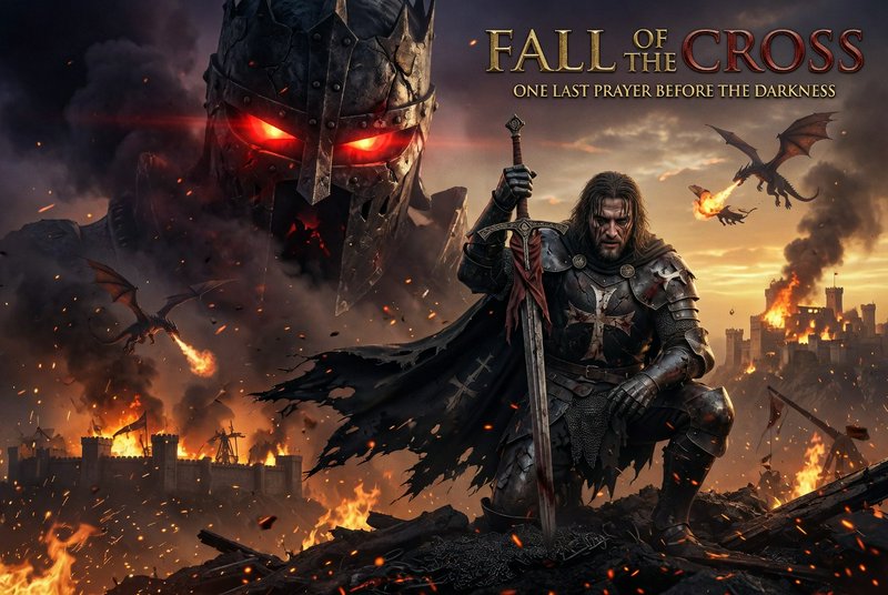 Knight in dark armor with sword on a burning battlefield, giant ominous helmet in the background.