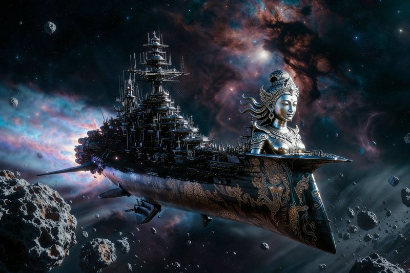 Ornate sci-fi spaceship with a large goddess statue protruding from the hull, drifting through a ...