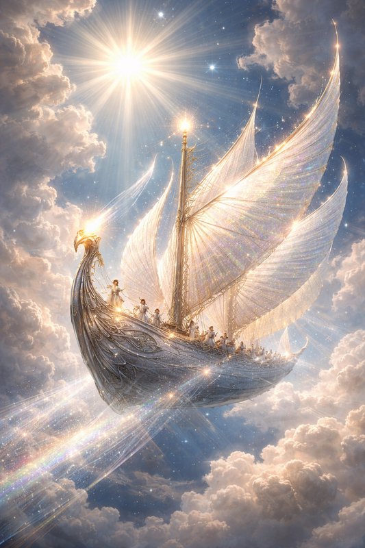 Golden winged sailing ship gliding among sunlit clouds in a fantasy sky.