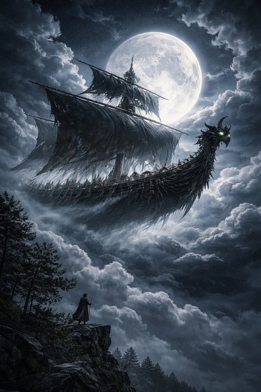 Dragon-shaped spectral ship sails through moonlit clouds above a cliff.