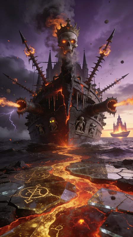 Dark fantasy ship with a flaming skull crown, burning cannons, and lava-like runes on a stormy sea.