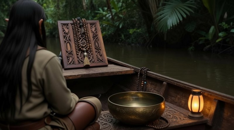 A person sits on a wooden boat by a river with prayer beads, a carved wooden panel, a brass singi...