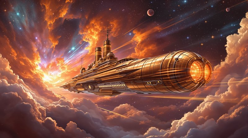 A sleek sci-fi battleship glides through vivid orange clouds with a glowing rear thruster.