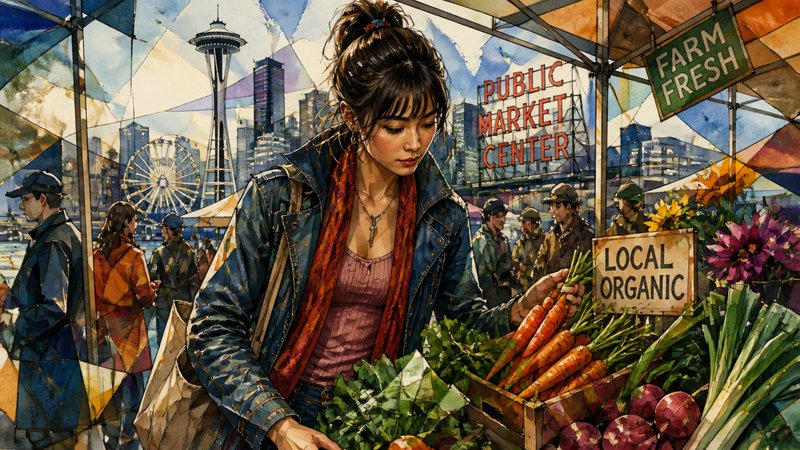 Young woman browsing fresh vegetables at a colorful urban farmers market with Seattle skyline in the background