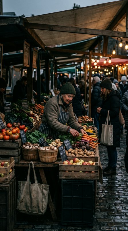 Market vendor sorting fresh carrots at an outdoor farmers market with vegetables and warm string ...