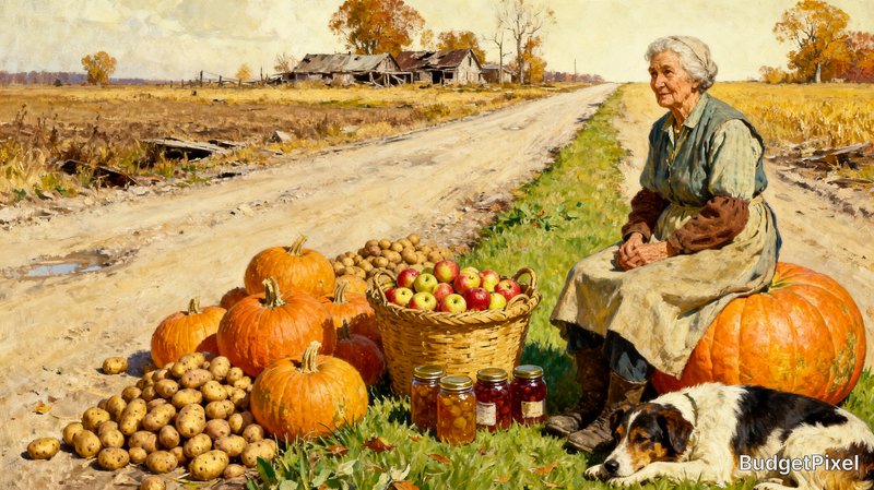 Old woman with pumpkins and apples by a rural roadside with jars of preserves and a dog.