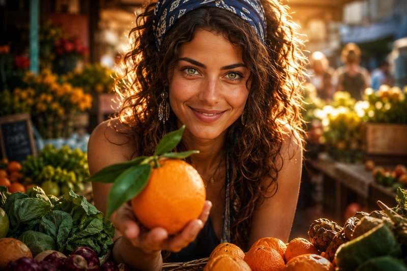 A smiling woman at an outdoor market holds a bright orange toward the camera.