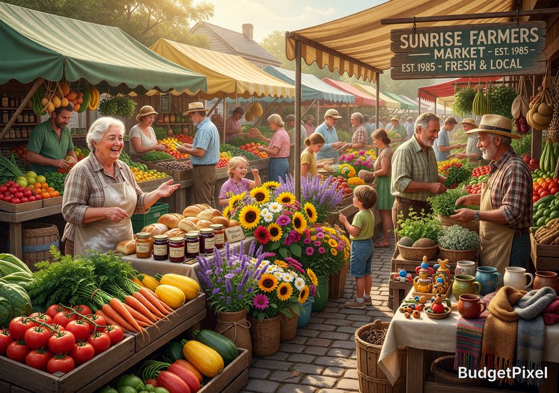 Bright farmers market scene with colorful stalls, fresh produce, and smiling shoppers.