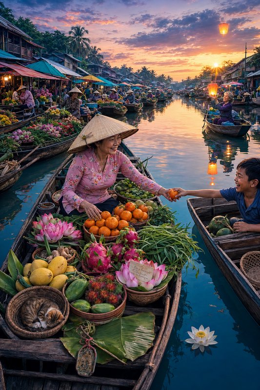 Woman in a conical hat sells colorful fruit at a sunset-filled floating market.