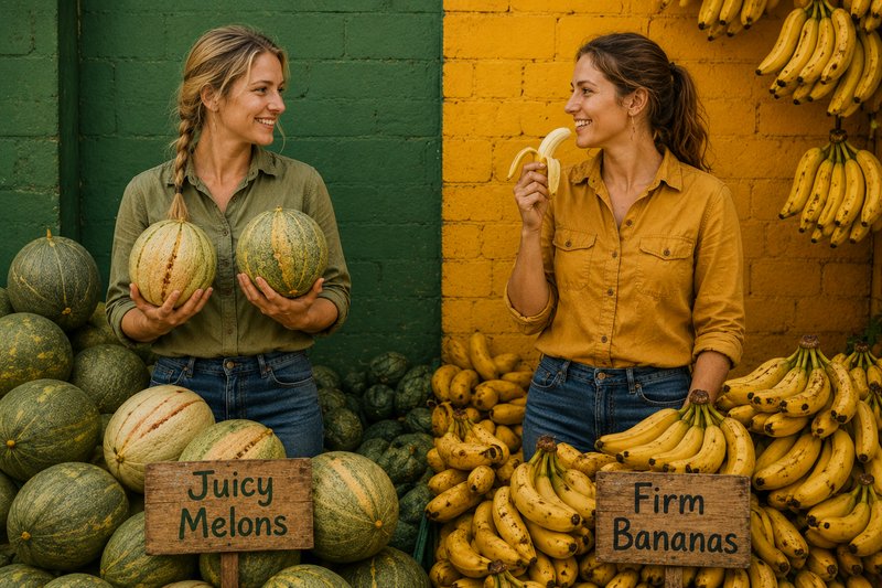 Two women at a vibrant fruit stand with melons and bananas, rustic wooden signs reading “Juicy Melons” and “Firm