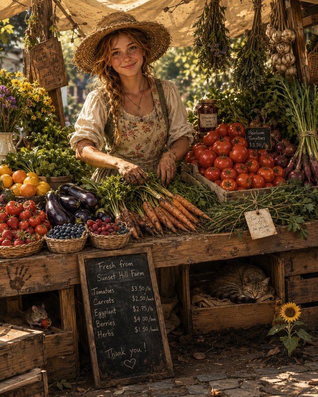 Woman in a straw hat at a rustic farm stand with fresh tomatoes, carrots, and herbs.