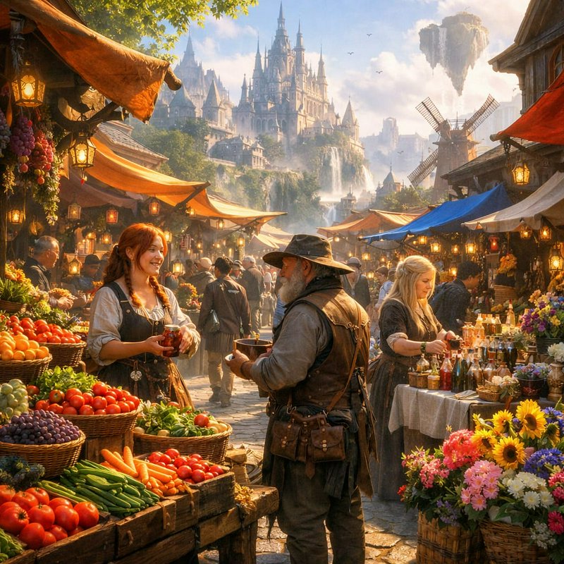 Medieval fantasy market scene with vendors, colorful produce, and a distant castle.