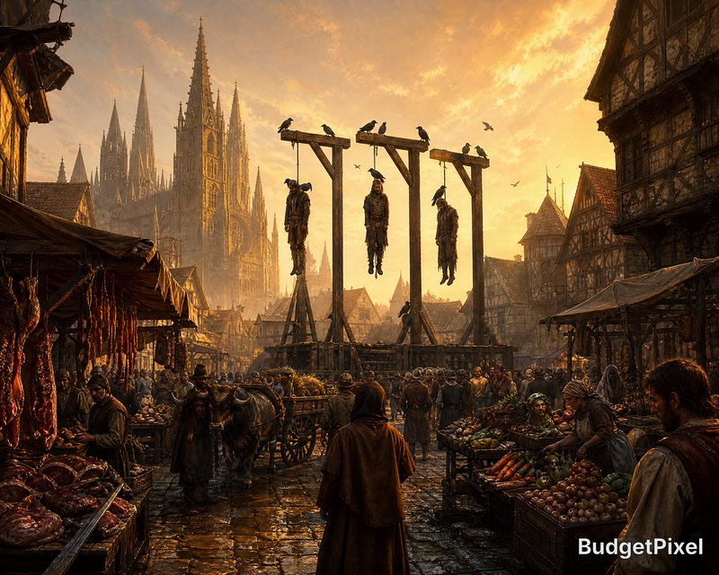 Medieval market at sunset with gallows and hanging figures above the crowd.