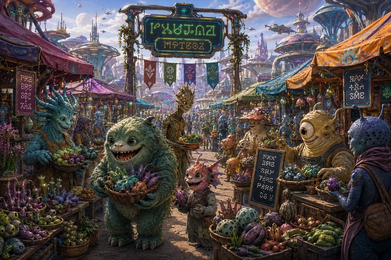 Bright alien marketplace with diverse creatures selling fruits in a vibrant sci-fi bazaar.