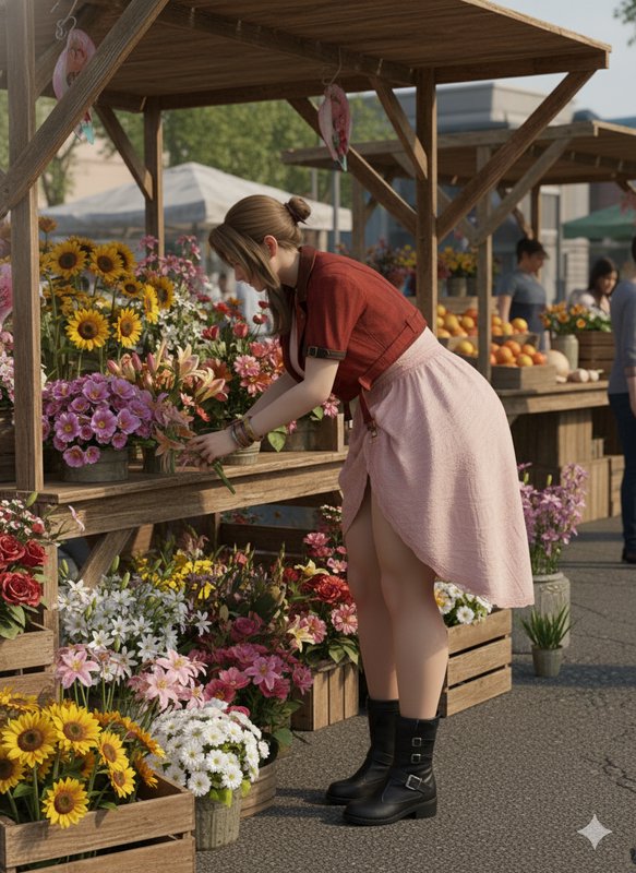 Woman arranging flowers at an outdoor market stall filled with sunflowers and colorful blooms.