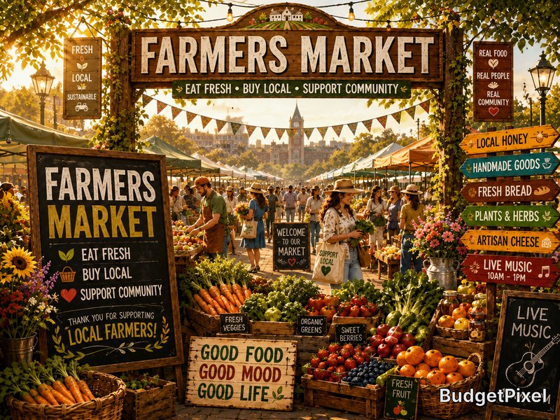 Busy farmers market entrance with colorful stalls, wooden signs, and warm autumn light.
