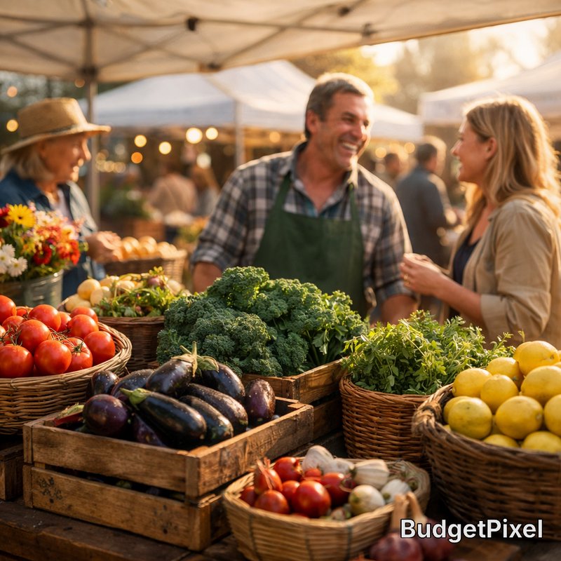 Smiling vendors and customers at an outdoor farmers market with baskets of fresh produce.