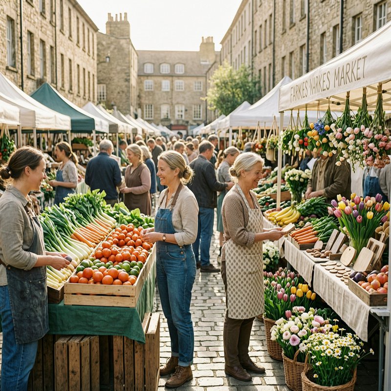 Outdoor farmers market with colorful produce and flowers on stalls along a cobblestone street.