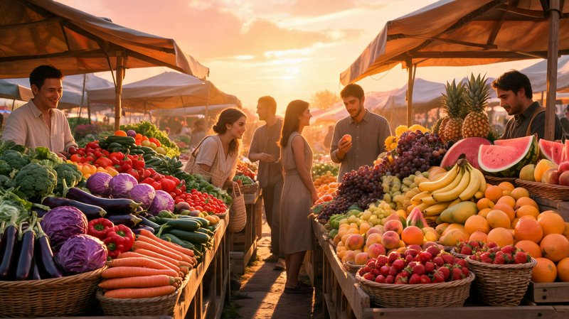 Vibrant outdoor farmer's market at sunset with colorful produce and shoppers.