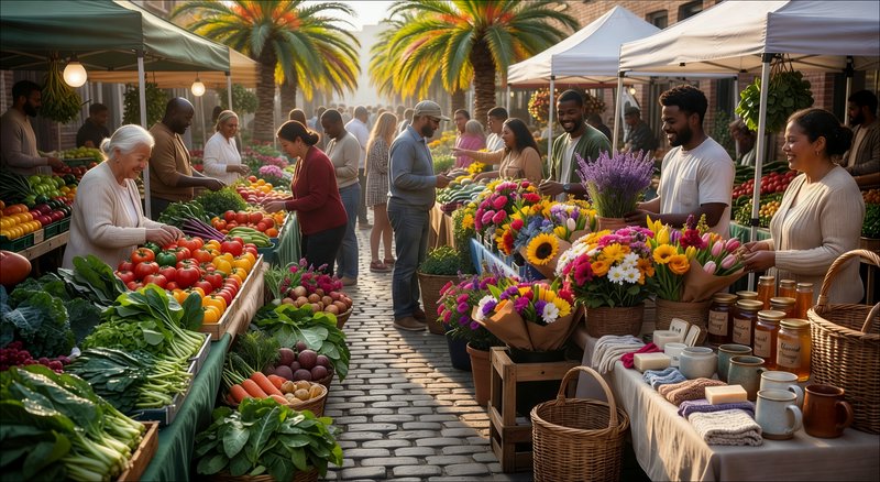 People shopping at a bustling outdoor market with fresh produce and flowers under tents.