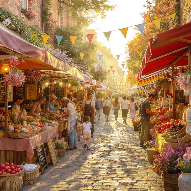 Sunny outdoor street market with fruit stalls, colorful bunting, and shoppers along a cobblestone...