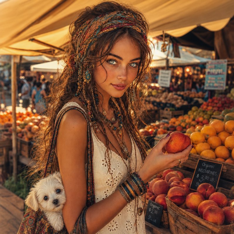Boho chic woman at an outdoor market holding a peach, with colorful fruit stalls in warm golden light.