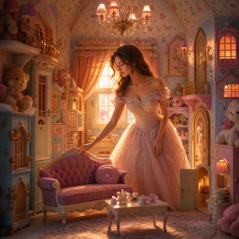 Woman in a pastel pink ballgown inside a magical dollhouse-like room with teddy bears and vintage furniture