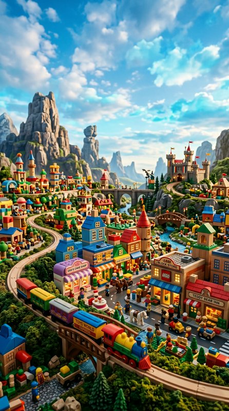 Colorful LEGO cityscape with trains, bridges, and castles set in a mountainous landscape.
