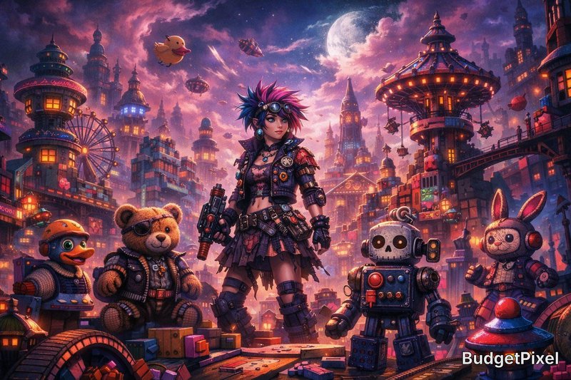 Female cyberpunk warrior in a neon-lit, toy-filled cityscape with robots and plush figures.