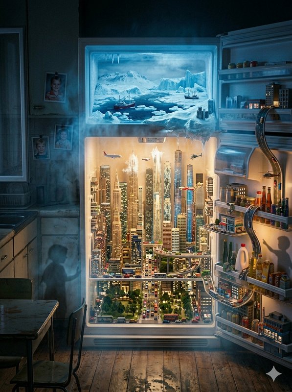 Open refrigerator revealing a neon-lit miniature city skyline with an icy Arctic diorama on top.