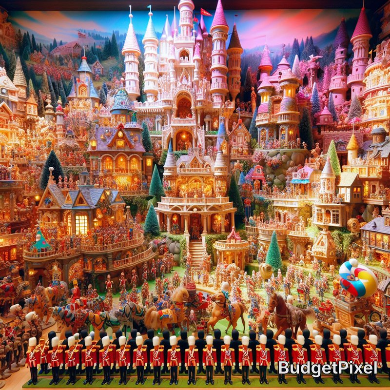 Intricate miniature fairy-tale village with castles, towers, and bustling figurines.