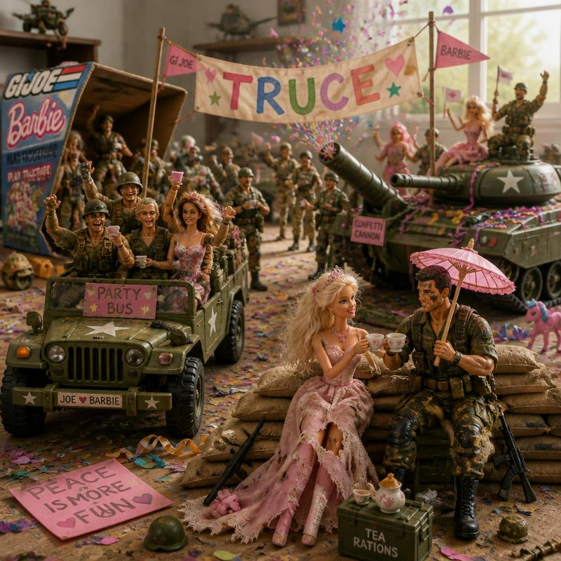Toy soldiers and Barbie dolls in a playful truce scene with a banner and tanks.