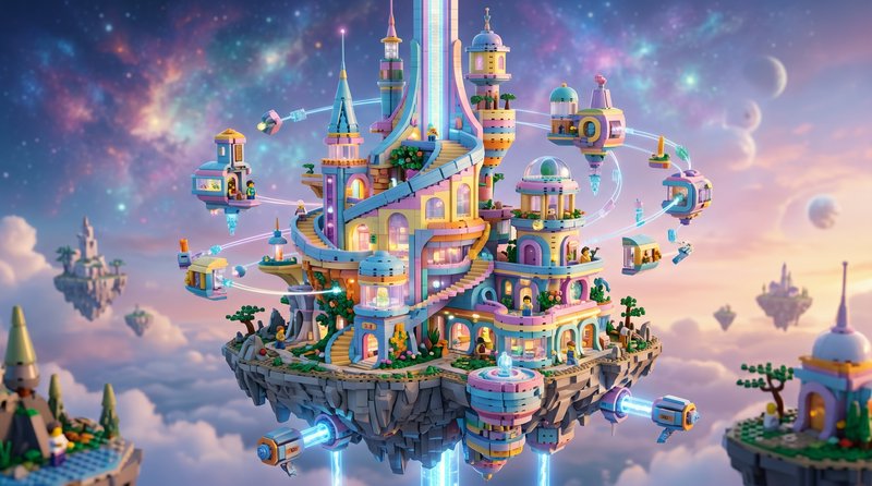 Floating pastel castle on a rocky island in the sky with winding glass stairs and towers.