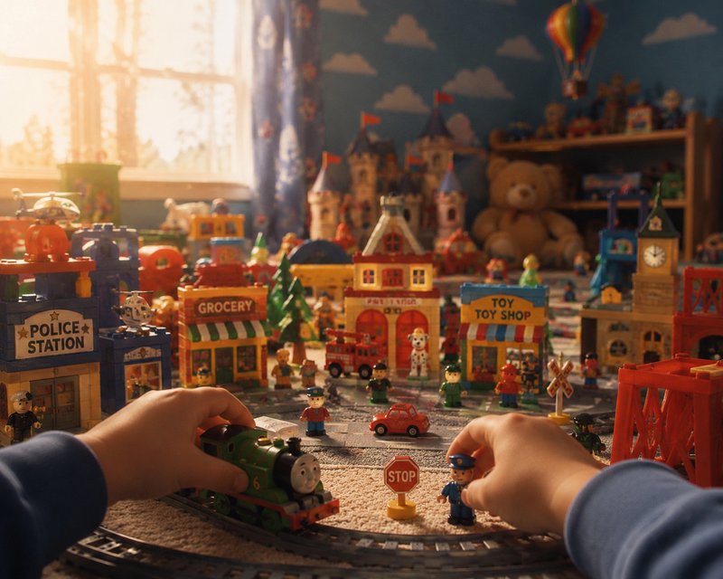 Child's hands guiding a green toy train on a detailed miniature city layout.