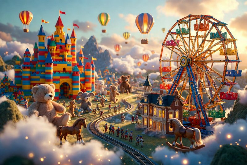 Whimsical miniature amusement park with a colorful castle, teddy bears, train tracks, ferris whee...