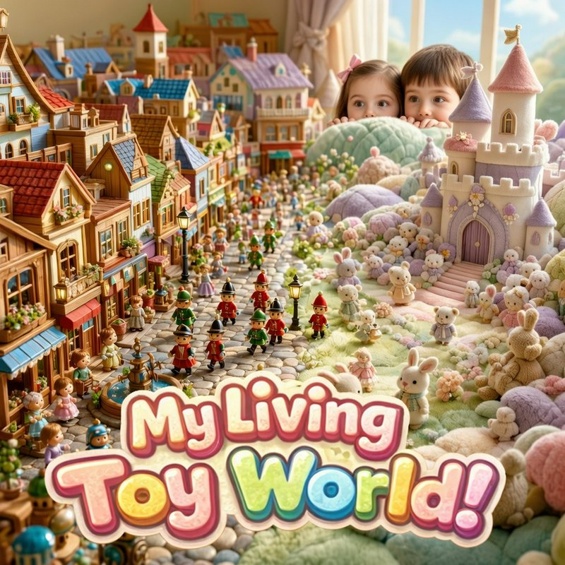 Colorful miniature toy town scene with houses, figures, a pastel castle, and kids peeking from behind a whimsical landscape.