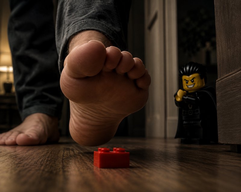 Close-up of a bare foot approaching a small red LEGO brick on a wooden floor, with a Batman LEGO figure in the background.