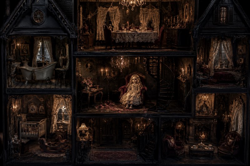 Dimly lit Victorian dollhouse with intricate miniature rooms and a central porcelain doll.