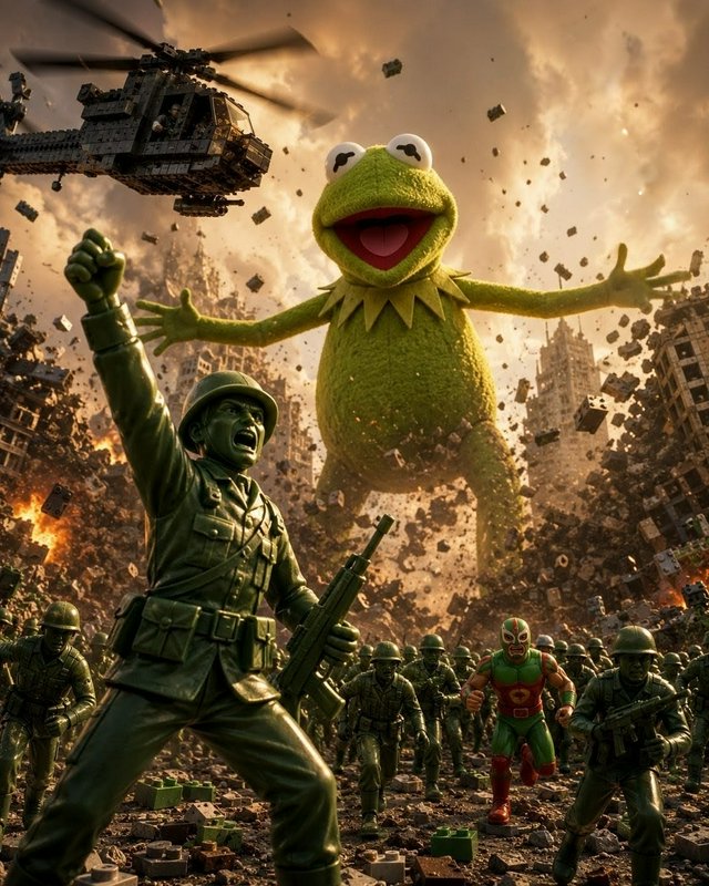 Kermit the Frog as a giant puppet towering over soldiers in a war-torn city with a helicopter and...