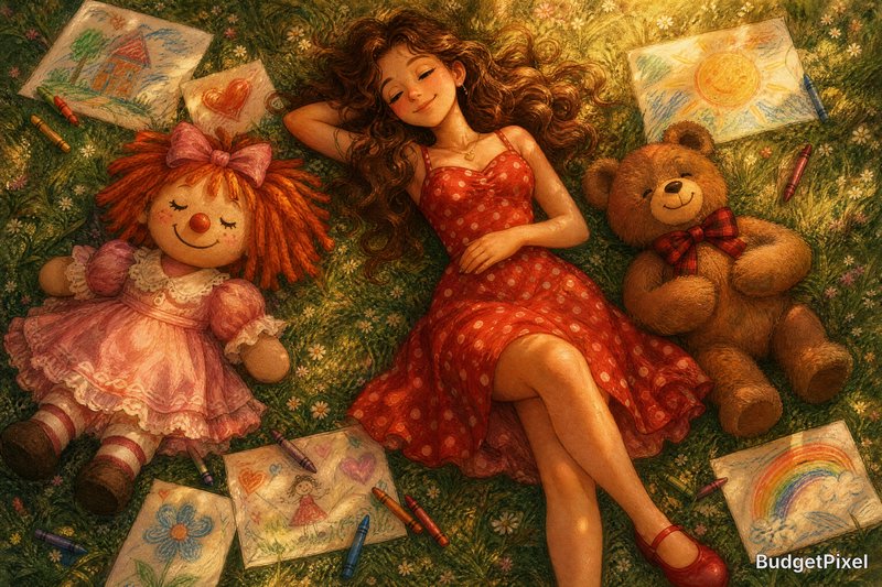 Girl in a red polka-dot dress napping on grass with a clown doll, teddy bear, and colorful drawings.