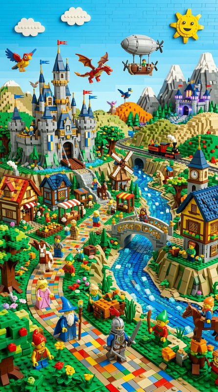 Colorful LEGO village with a medieval castle, river, bridge, and bright blue sky.