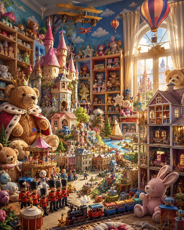 A toy-filled playroom with a grand castle, teddy bears, and a detailed miniature city including t...